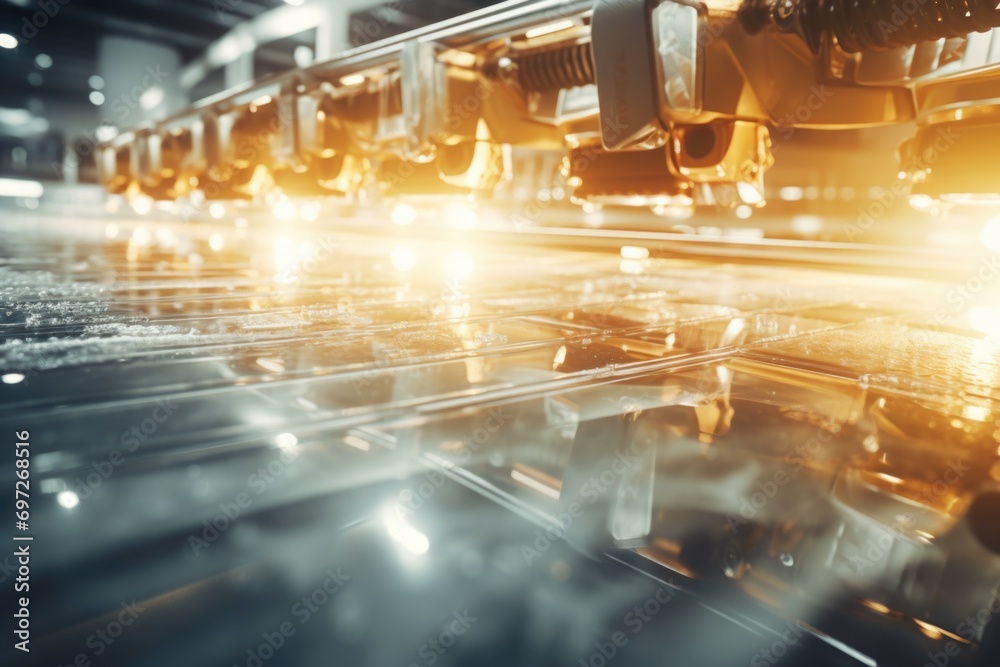 Poster a busy factory conveyor belt filled with numerous machines. versatile image suitable for illustratin