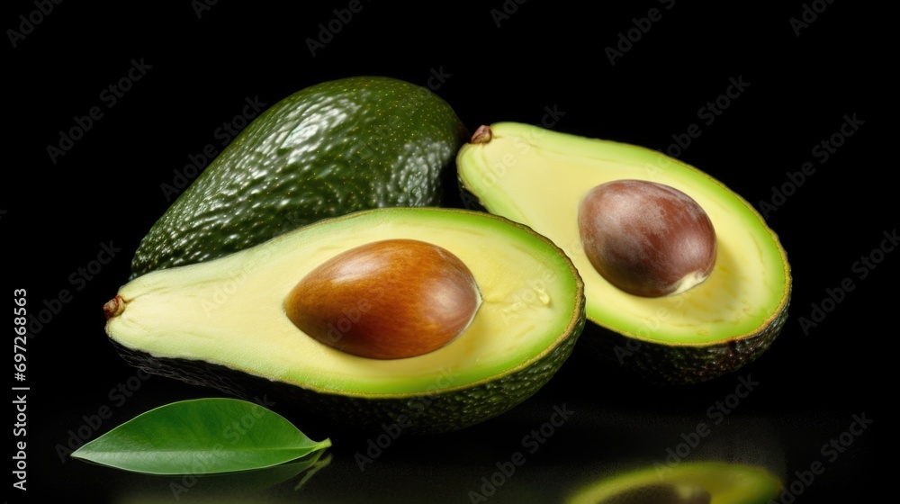Poster a close-up image of an avocado cut in half, showcasing its vibrant green flesh and a leaf on top. th