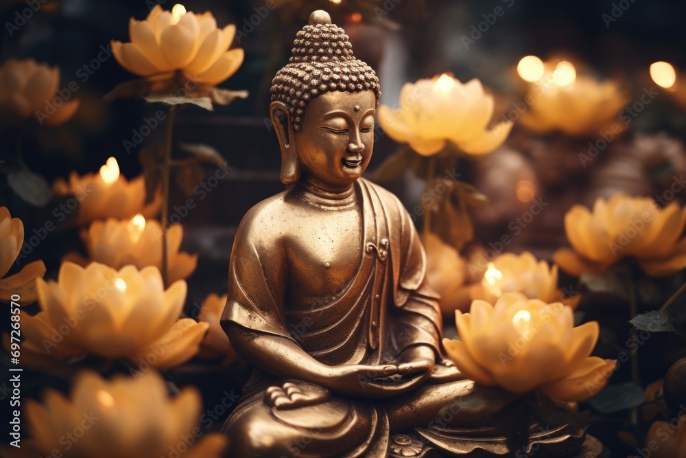 Poster a serene statue of buddha sitting peacefully amidst a vibrant field of flowers. perfect for adding a