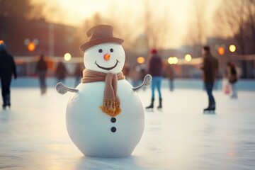 Obraz premium A snowman wearing a hat and scarf, standing on a skating rink. Perfect for winter-themed designs and holiday projects
