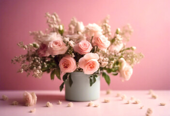 Eleganza Romantica- Composizione Floreale su Sfondo Rosa