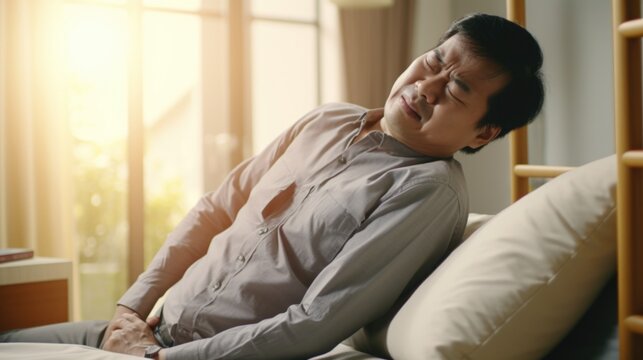 A man is pictured sitting on a couch with his eyes closed. This image can be used to depict relaxation, meditation, or even taking a nap