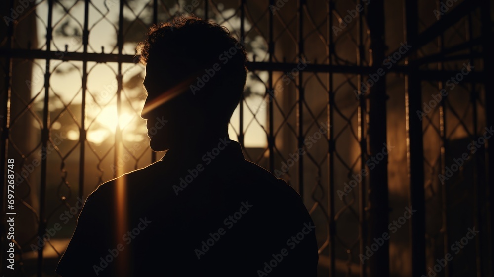 Poster a silhouette of a man standing in front of a window. perfect for concepts of contemplation, solitude