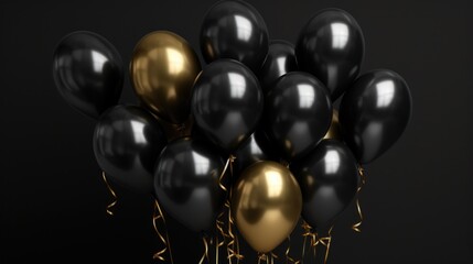 Black and gold balloons arranged in a bunch on a black background. Perfect for celebrations and festive occasions