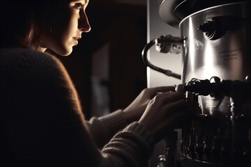 A woman operating a coffee machine. Suitable for illustrating coffee making or barista skills