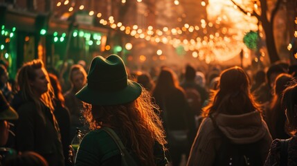 Dusk time people celebrating saint patric day in green hats