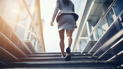 A woman in a skirt walking up a flight of stairs. Suitable for various lifestyle and fitness themes - obrazy, fototapety, plakaty