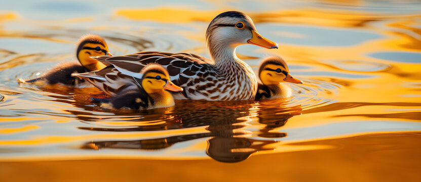 Mother duck swimming with ducklings at sunset