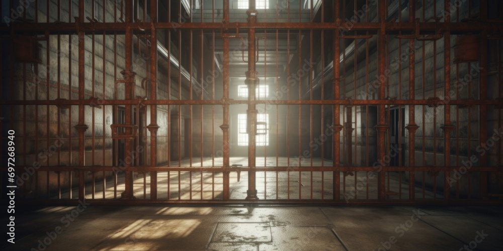 Poster a jail cell illuminated by sunlight streaming through the window. can be used to depict hope or cont