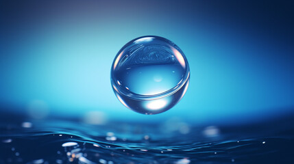 beautiful blue spherical water droplet above water surface