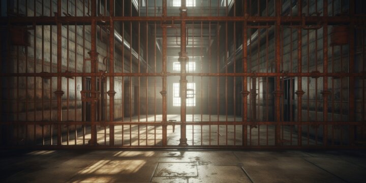 A jail cell illuminated by sunlight streaming through the window. Can be used to depict hope or contrast between confinement and freedom.