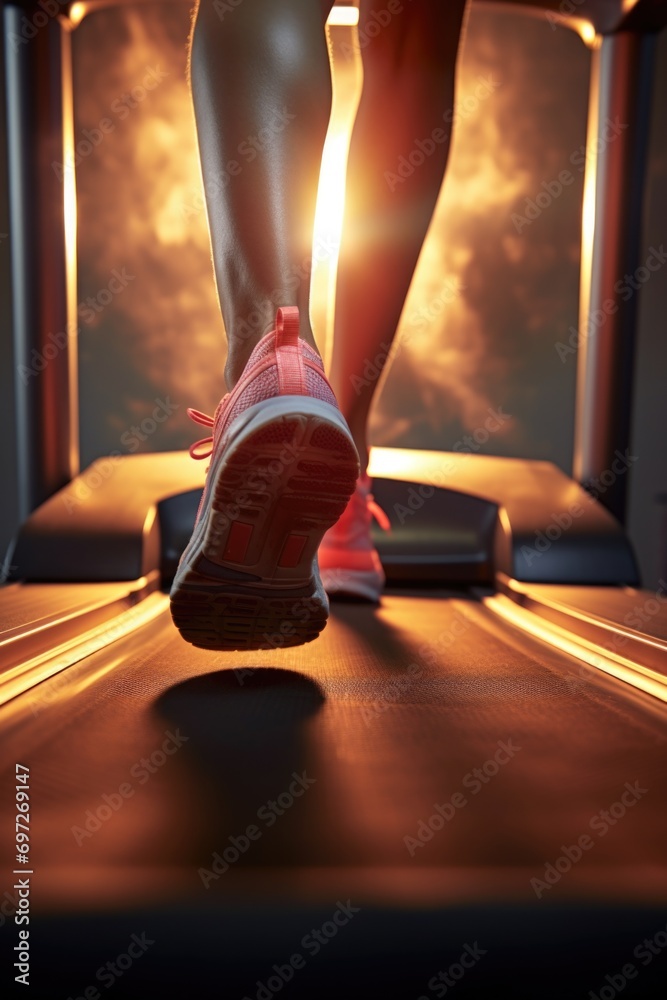 Poster A close-up view of a person running on a treadmill. Suitable for fitness and exercise concepts
