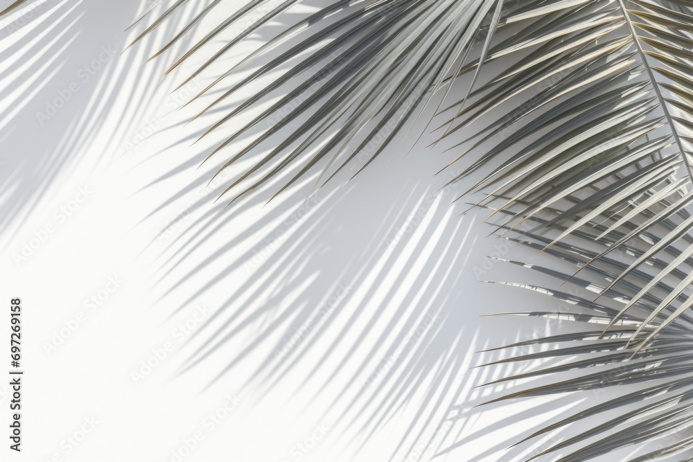Poster a detailed view of a palm leaf against a white wall. perfect for adding a touch of nature to any des
