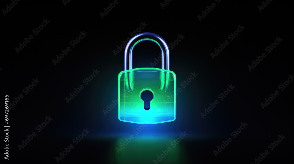 Poster a brightly lit padlock against a dark black background. suitable for cybersecurity or data protectio