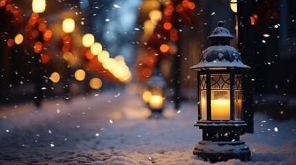 A snowy street illuminated by a lit lantern. This picture can be used to create a cozy winter atmosphere