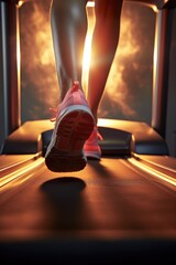 A close-up view of a person running on a treadmill. Suitable for fitness and exercise concepts