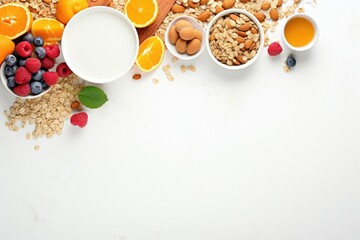 A white table with bowls of cereal and fruit. Perfect for breakfast or a healthy snack