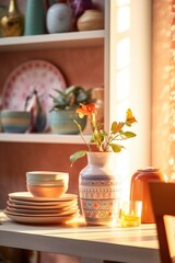 A simple table with a vase and plates. Perfect for home decor or kitchen-related projects