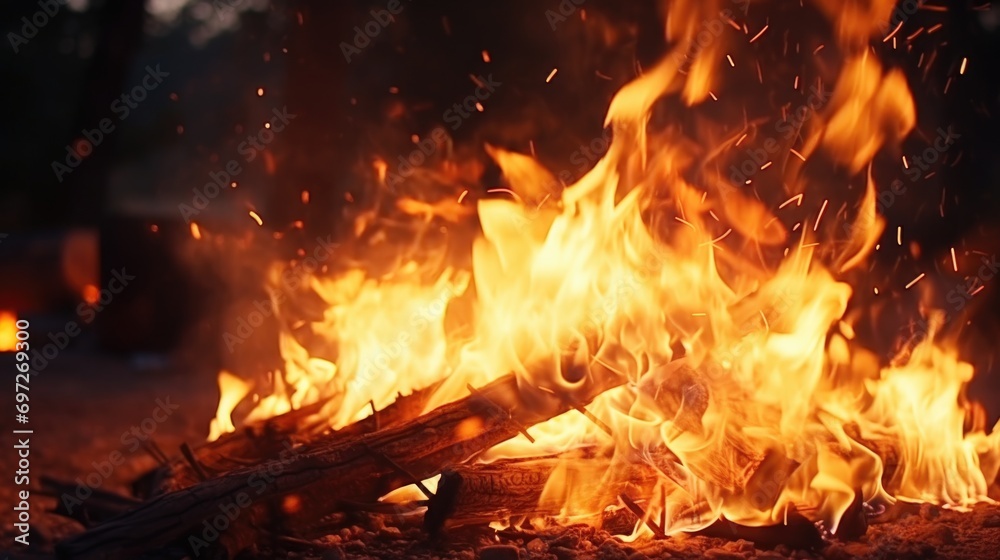 Poster a fire is burning in the middle of a field. suitable for various applications