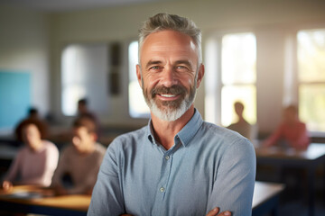 Obraz premium Teaching Success: Mature Male Tutoring English in Radiant Classroom