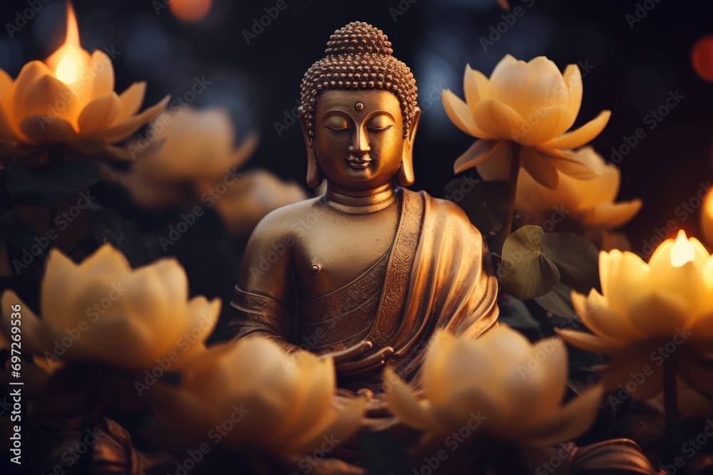 Poster A serene Buddha statue surrounded by beautiful flowers. Perfect for adding a touch of tranquility to any space