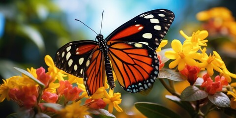 A close up shot of a butterfly resting on a beautiful flower. Perfect for nature enthusiasts or as a symbol of beauty and transformation