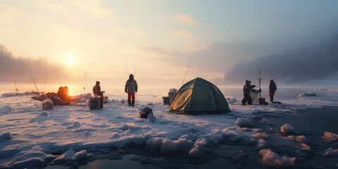 A group of people standing around a tent in the snow. Perfect for winter camping or outdoor adventure concepts - obrazy, fototapety, plakaty