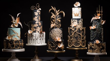 A striking composition of layered cakes adorned with intricate fondant designs, capturing a sense of whimsy and elegance.