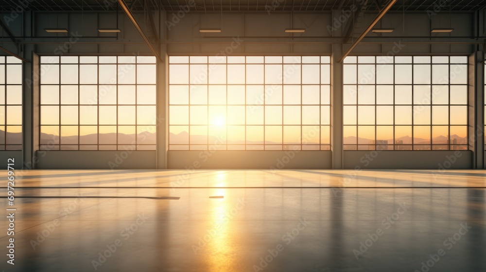 Poster an empty room with large windows showcasing a breathtaking sunset in the background. perfect for cap
