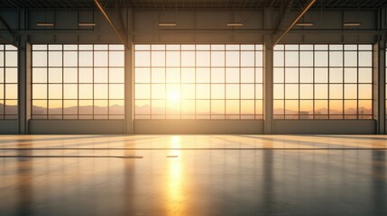 An empty room with large windows showcasing a breathtaking sunset in the background. Perfect for capturing the tranquility and beauty of nature's colors.