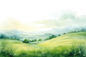 A watercolor painting of a green field with majestic mountains in the background. Perfect for nature lovers and landscape enthusiasts - obrazy, fototapety, plakaty