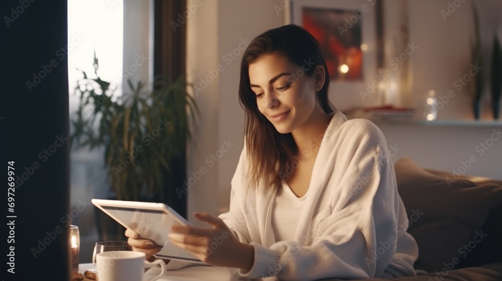 Aufkleber woman sitting on a couch using a tablet computer. suitable for technology and lifestyle related them