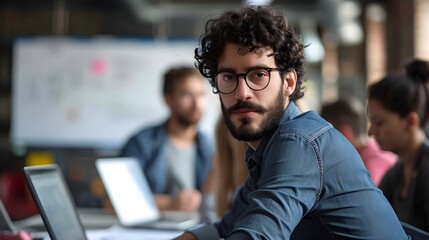 A man with curly hair and glasses looks back over his shoulder in a busy office environment