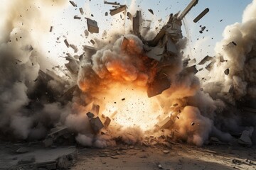A large explosion of rocks and debris in the air. Perfect for illustrating destruction or disaster scenarios - obrazy, fototapety, plakaty
