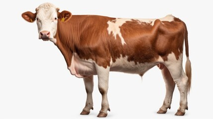A cow standing in front of a white background. Suitable for agricultural, farming, or animal-related themes