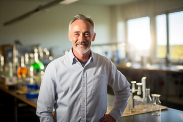 Obraz premium Experienced Educator Radiates Joy in Chemistry Class