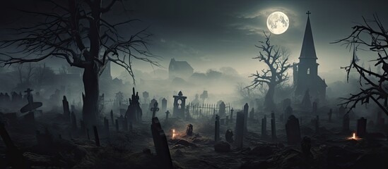 Spooky Halloween scene with zombies, dead tree, moon, church, foggy sky. Toned.