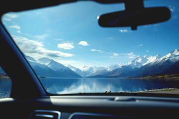 view from a car window, lake and snow mountains landscape