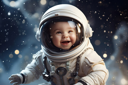 portrait of a cute baby cosmonaut or astronaut in open space blurred background