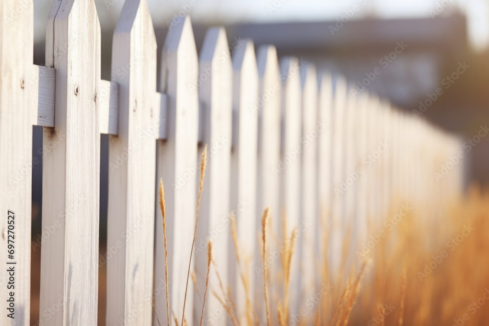 Aufkleber a close-up view of a fence with tall grass in the foreground. this image can be used to depict rural