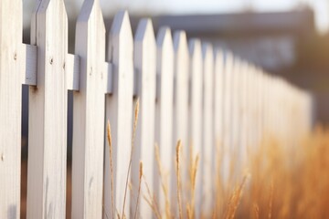 A close-up view of a fence with tall grass in the foreground. This image can be used to depict rural landscapes, nature, or outdoor themes