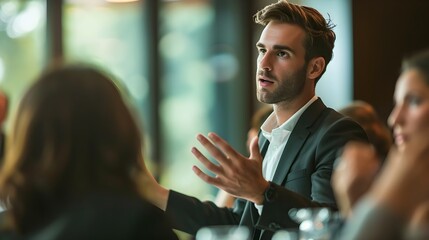 A young businessman with a beard gestures emphatically during a discussion in a lively office meeting.