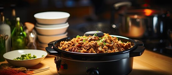 Cooking traditional Eastern pilau with meat in a modern multicooker on a kitchen table. - obrazy, fototapety, plakaty