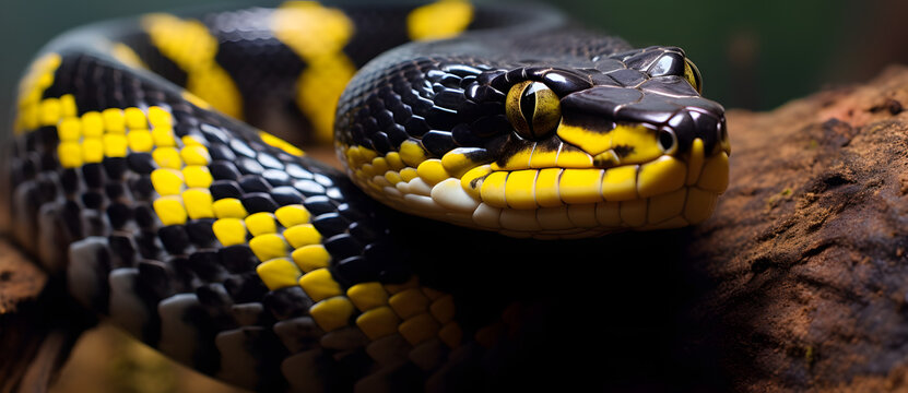 Coiled snake with black and yellow scales on a rock