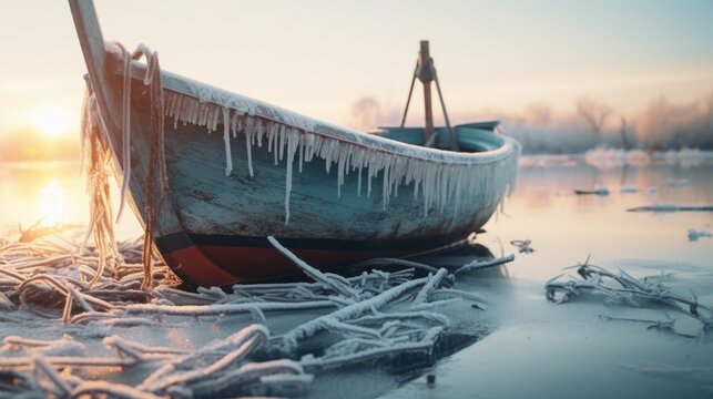 A boat covered in ice on the shore. Can be used to depict winter, cold weather, or the passage of time