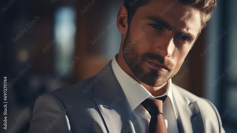 Poster a professional man with a beard wearing a suit and tie. suitable for business-related themes