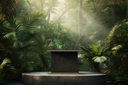 A small table placed in the middle of a lush jungle. This image can be used to depict an unconventional dining experience in a natural setting