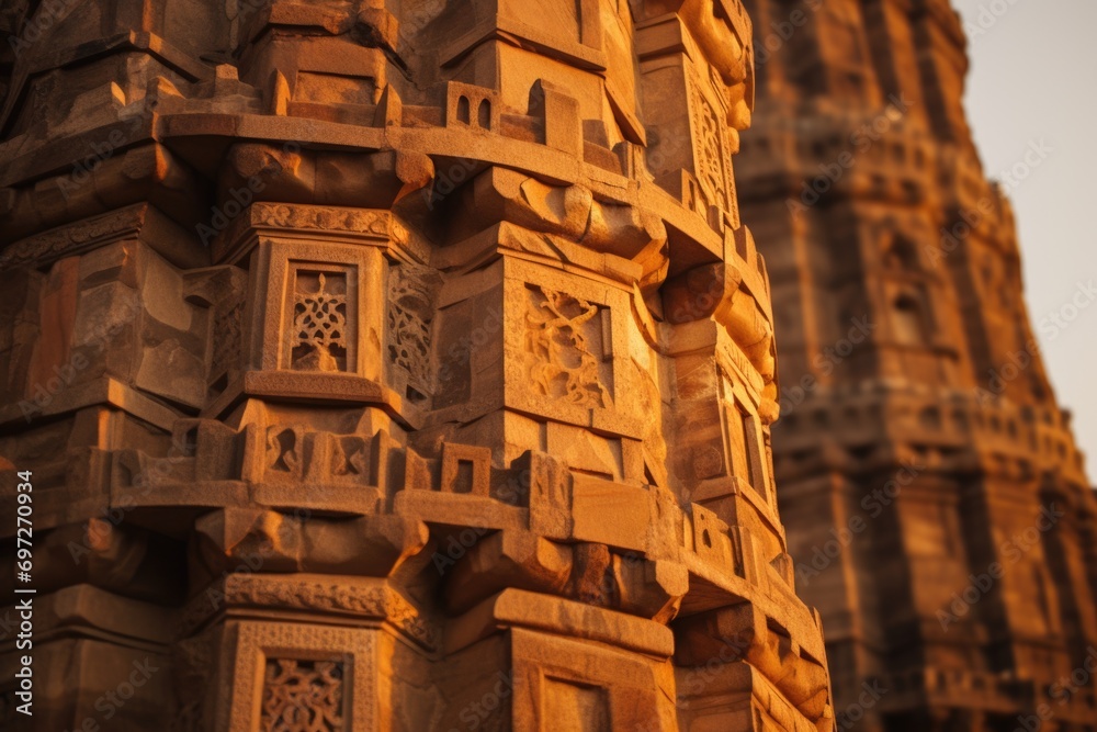 Poster close up of a tall building with intricate carvings. suitable for architectural designs and historic