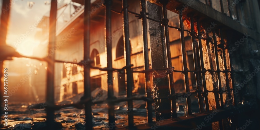 Poster a jail cell with the sun setting behind it. can be used to depict imprisonment, solitude, or the end