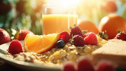 A plate of oatmeal with fresh fruit accompanied by a refreshing glass of orange juice. Perfect for...